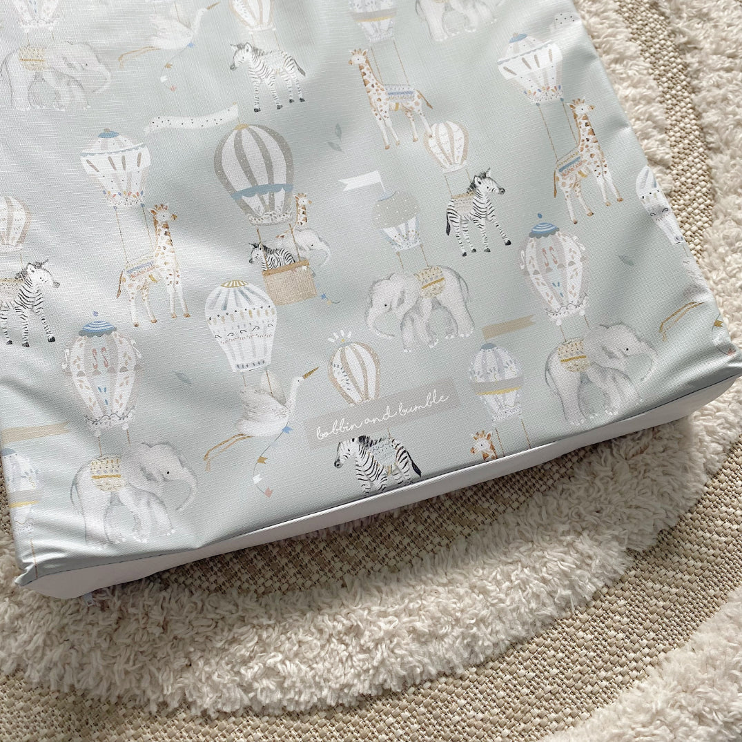Anti-Roll Wedge Baby Changing Mat - Blue Hot Air Balloons Print | Bobbin and Bumble.