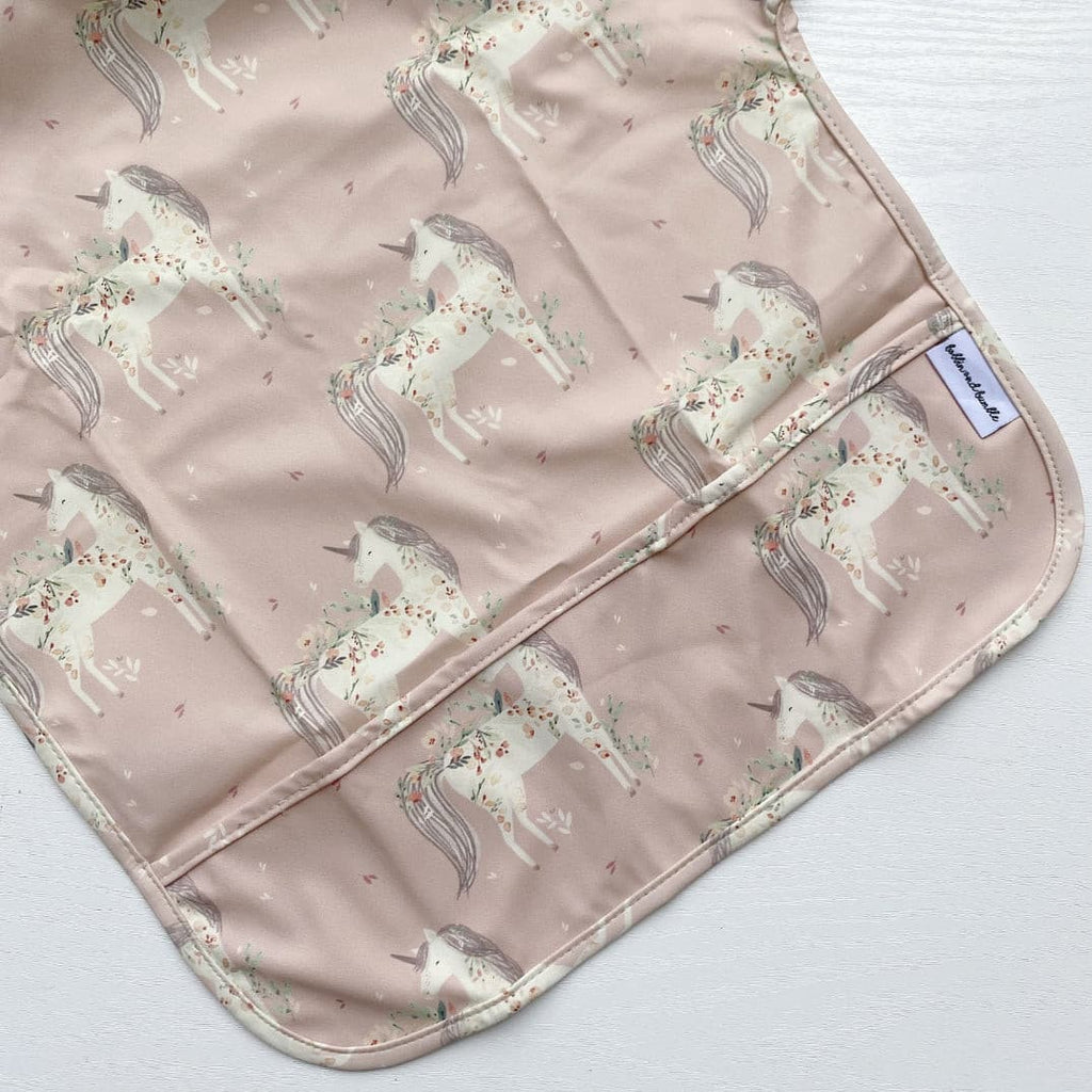 Long Sleeved Baby Bib - Pink Unicorn Print | Bobbin and Bumble.